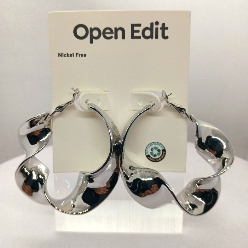 Open Edit Wavy Silver Tone Hoop Earrings